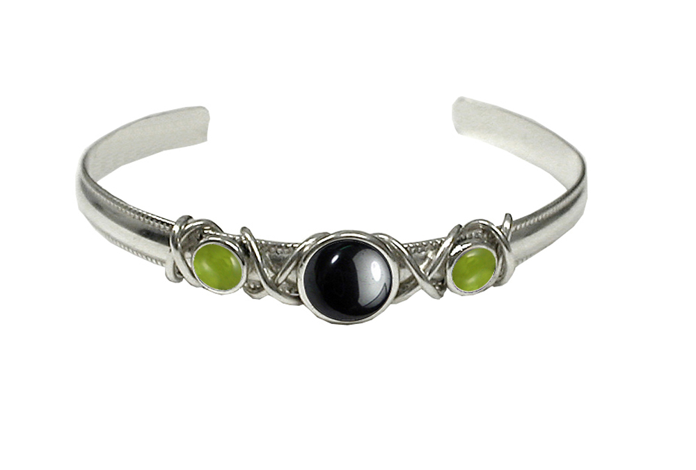 Sterling Silver Hand Made Cuff Bracelet With Hematite And Peridot